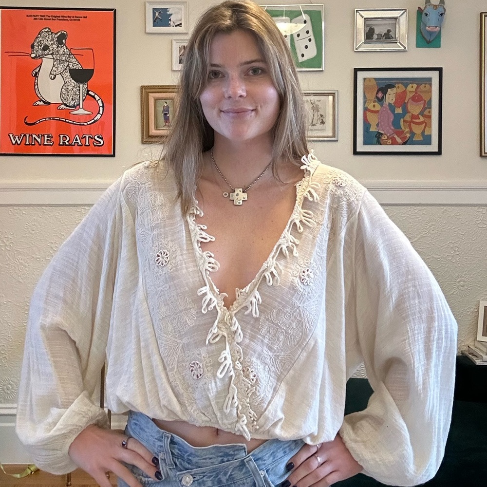 Women's Cream Lace-Trimmed Top